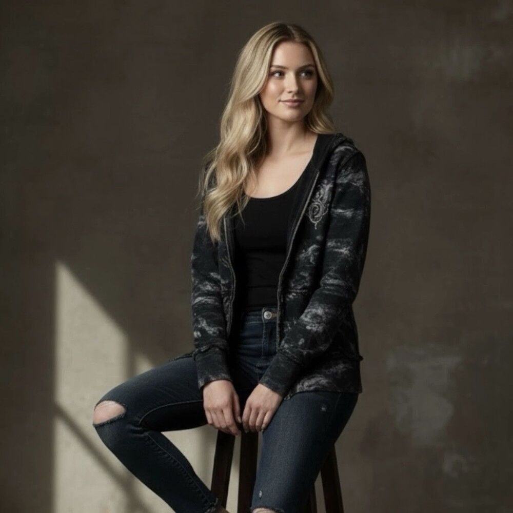 Sinful By Affliction S Grunge Black Jacket Hoodie Rhinestone Skull Wings Y2K - Picture 12 of 15